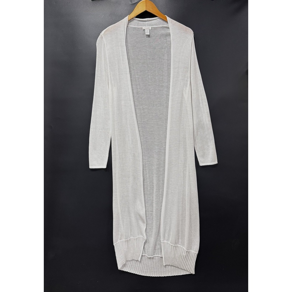 Chico's Cardigan Womens 1 White Duster Longline Open Front Sheer Ribbed Knit